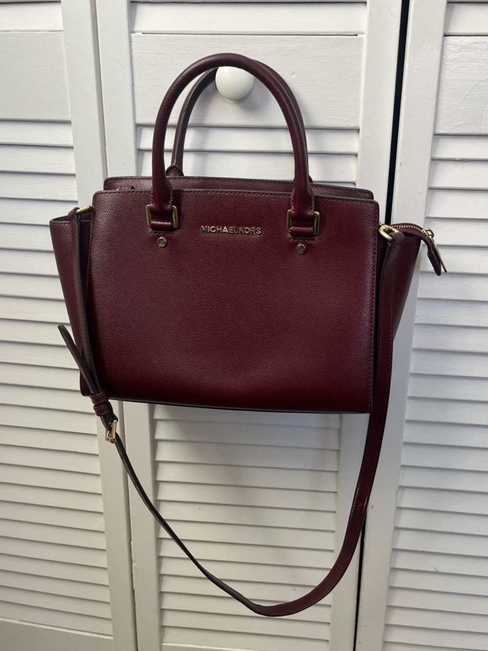 Michael Kors Wine Saffiano Leather Satchel with Crossbody Strap